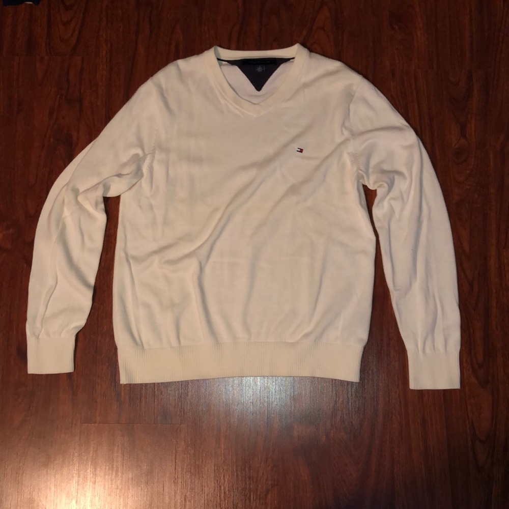White V Neck Tommy Sweater